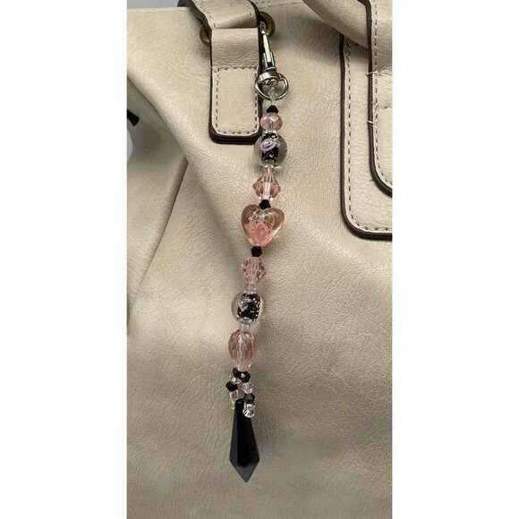 Beaded Purse Charm Suncatcher Pink Black Crystal Prism Roses Heart - Picture 1 of 9